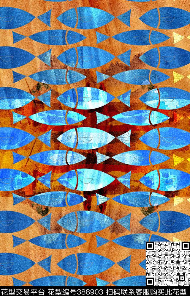 写意鱼动物印花数码印花华亿平台下载（图片编号: 388903） - 瓦栏（Walan）