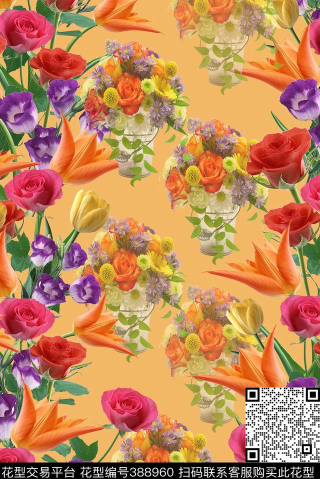 花卉唯美花卉组合数码印花华亿平台下载（图片编号: 388960） - 瓦栏（Walan）