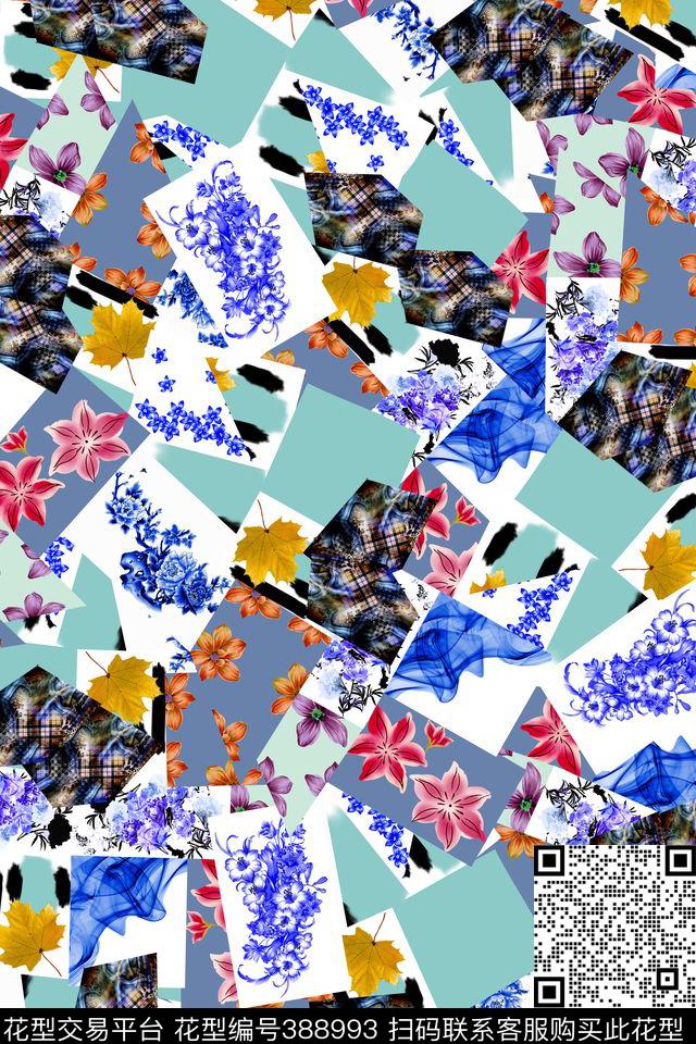 拼接几何小碎花青花瓷花朵数码印花华亿平台下载（图片编号: 388993） - 瓦栏（Walan）