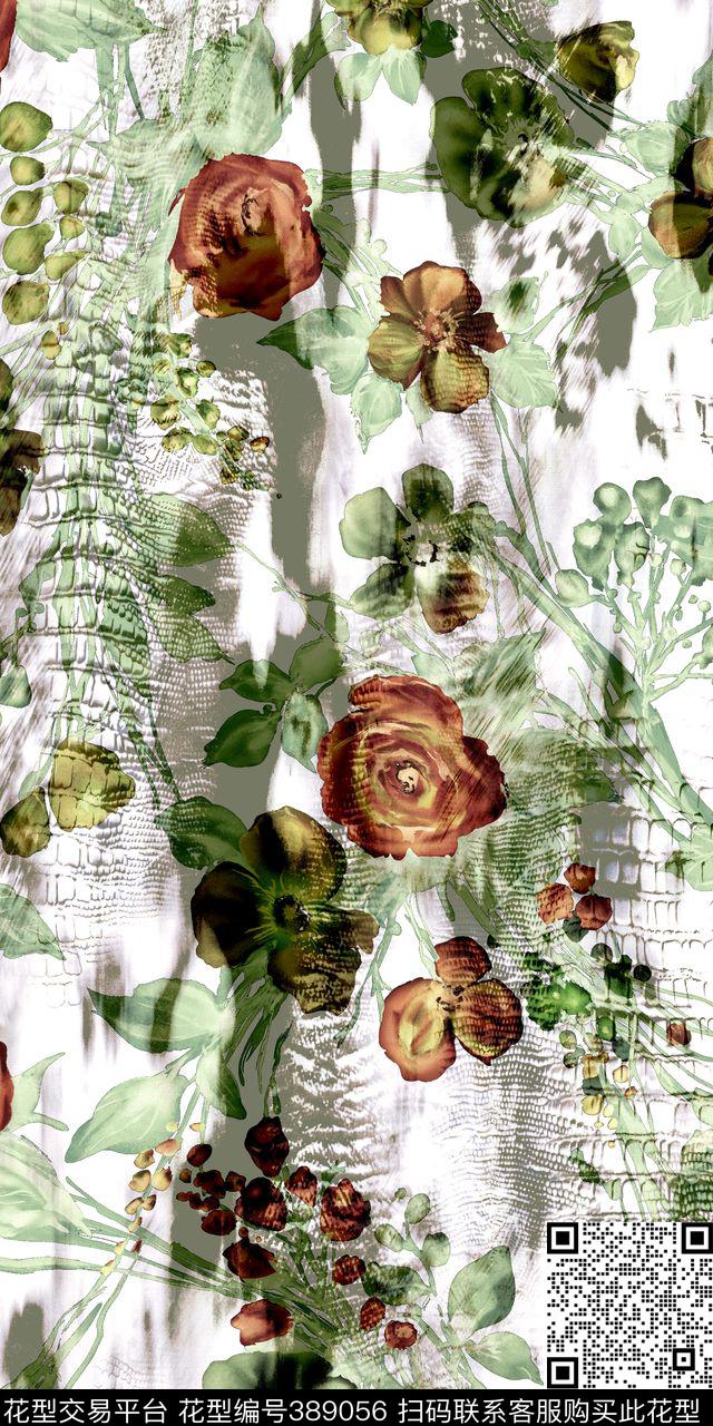 蛇皮手绘花海花卉数码印花华亿平台下载（图片编号: 389056） - 瓦栏（Walan）