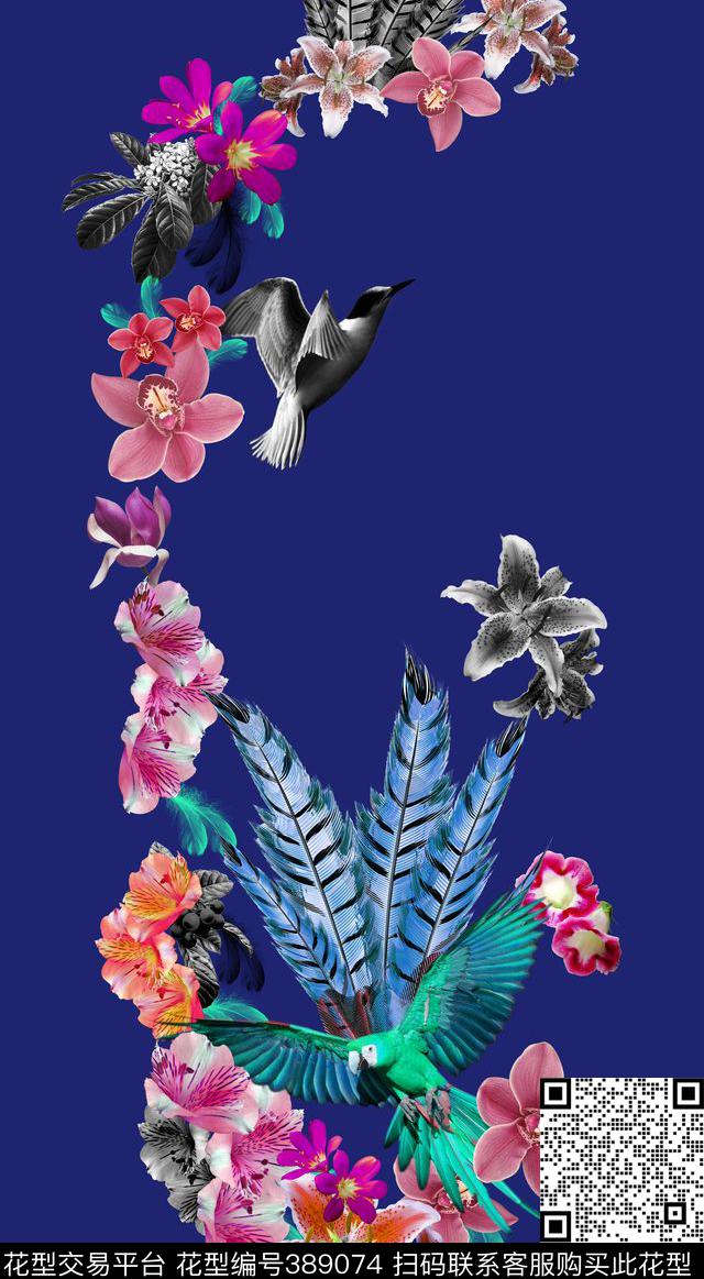 写实花卉鹦鹉简单时尚数码印花华亿平台下载（图片编号: 389074） - 瓦栏（Walan）
