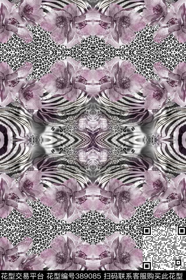 水墨斑马纹和豹纹紫色花卉豹纹动物纹传统印花华亿平台下载（图片编号: 389085） - 瓦栏（Walan）