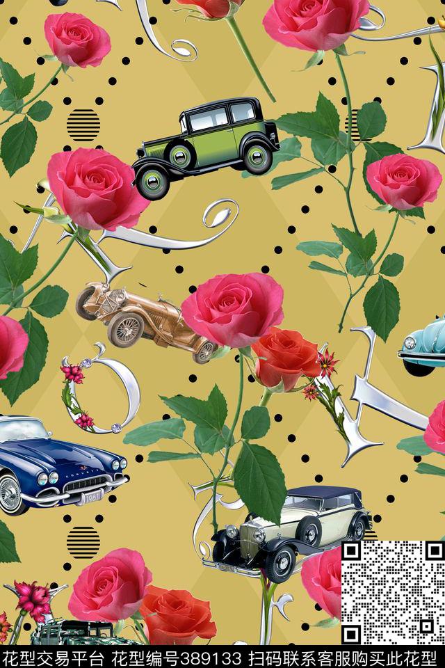 复古老爷车玫瑰数码印花华亿平台下载（图片编号: 389133） - 瓦栏（Walan）
