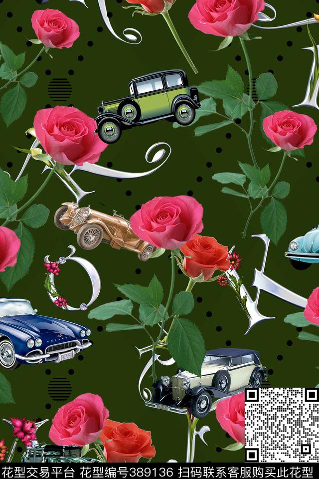 复古老爷车玫瑰数码印花华亿平台下载（图片编号: 389136） - 瓦栏（Walan）