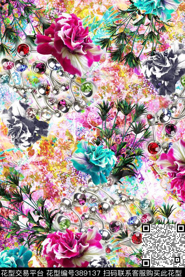 热带孔雀叶花卉数码印花华亿平台下载（图片编号: 389137） - 瓦栏（Walan）