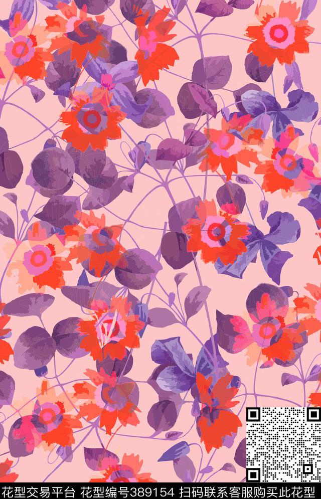花写意花鸟混搭类数码印花华亿平台下载（图片编号: 389154） - 瓦栏（Walan）