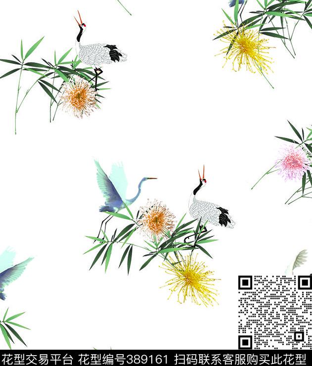 清新仙鹤竹子数码印花华亿平台下载（图片编号: 389161） - 瓦栏（Walan）