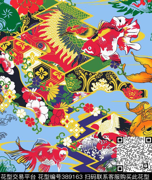 中国风鱼祥云、龙传统印花华亿平台下载（图片编号: 389163） - 瓦栏（Walan）