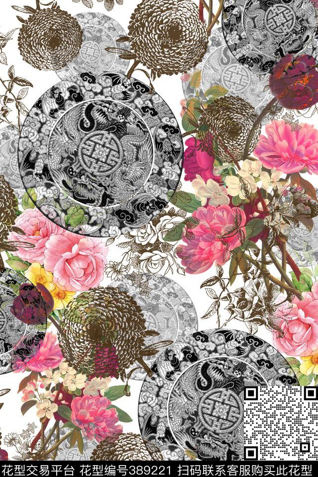 民族风手绘花卉数码印花华亿平台下载（图片编号: 389221） - 瓦栏（Walan）
