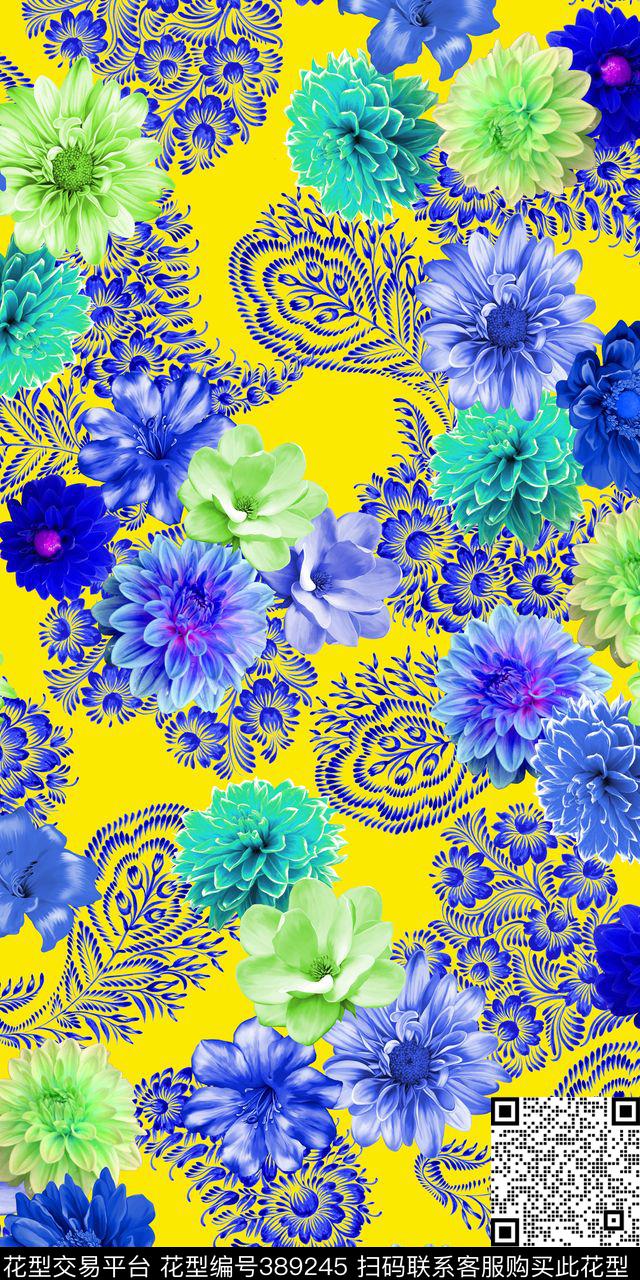 花卉火腿纹青花瓷数码印花华亿平台下载（图片编号: 389245） - 瓦栏（Walan）