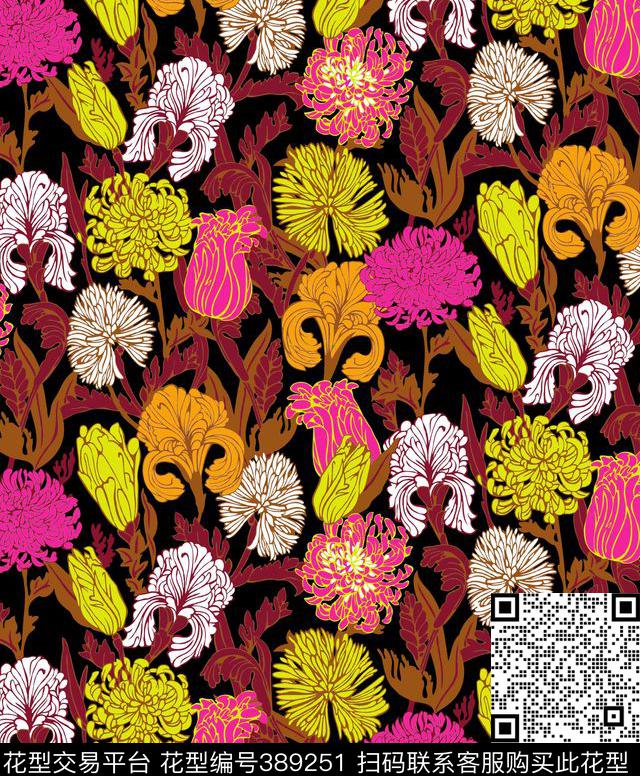 复古花卉花卉流行花卉传统印花华亿平台下载（图片编号: 389251） - 瓦栏（Walan）