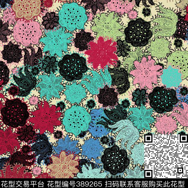 抽象花卉蕾丝传统印花华亿平台下载（图片编号: 389265） - 瓦栏（Walan）