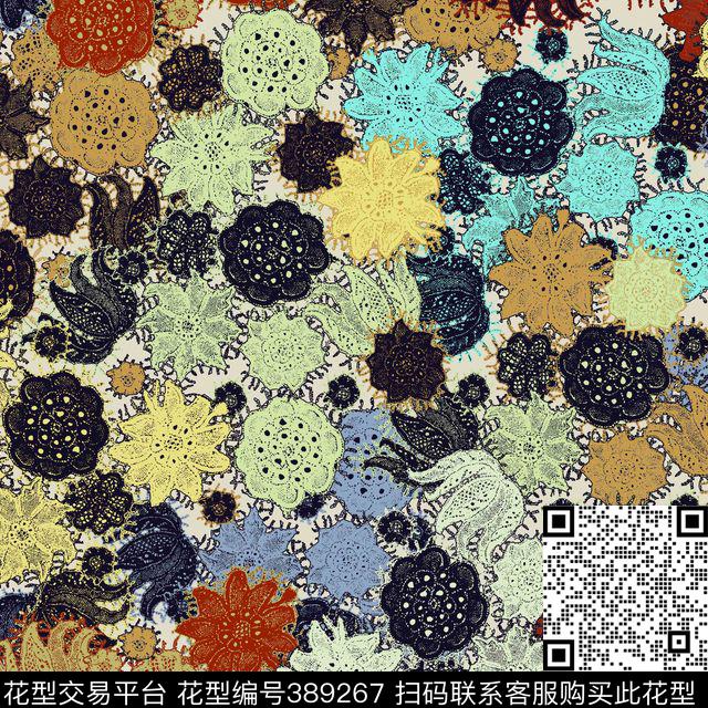 抽象花卉蕾丝传统印花华亿平台下载（图片编号: 389267） - 瓦栏（Walan）