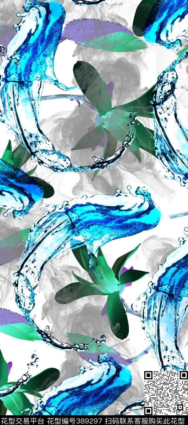 清新花卉水纹数码印花华亿平台下载（图片编号: 389297） - 瓦栏（Walan）
