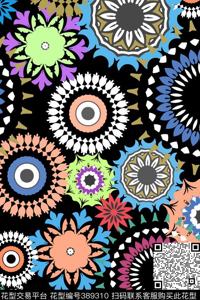 民族几何圆形传统印花华亿平台下载（图片编号: 389310） - 瓦栏（Walan）