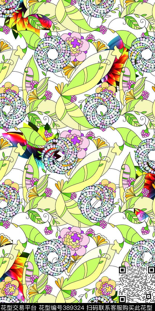 花贲花叶数码印花华亿平台下载（图片编号: 389324） - 瓦栏（Walan）