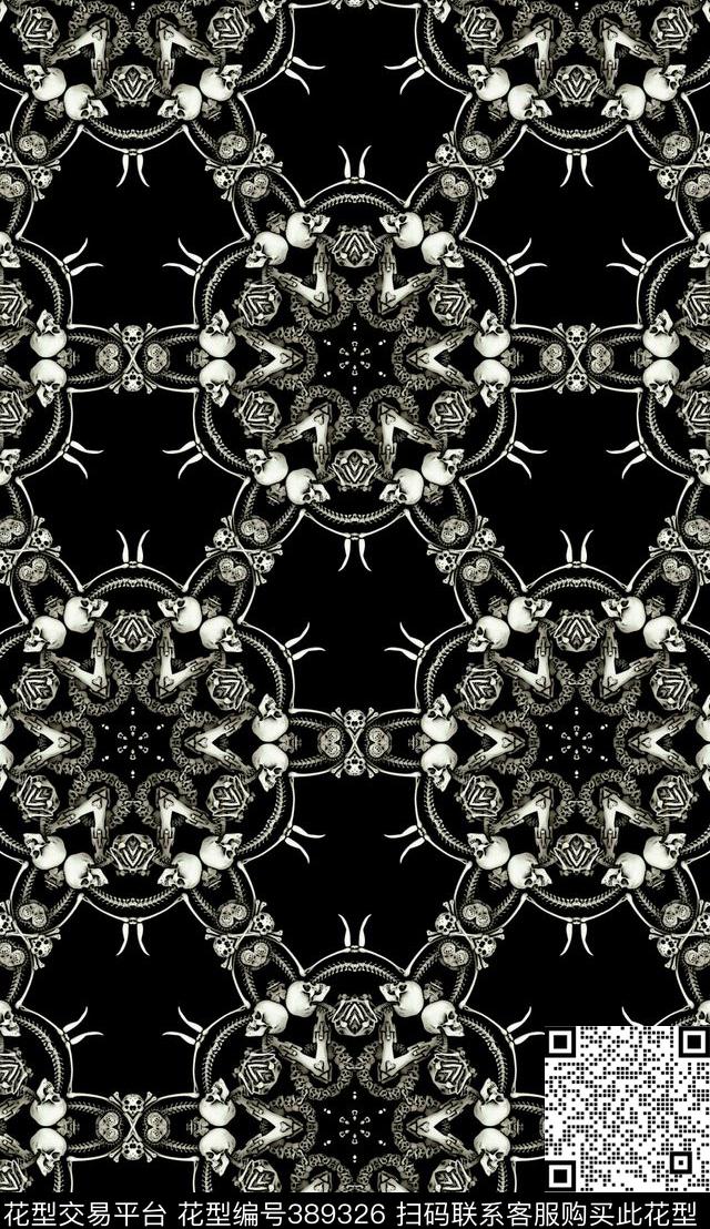 黑白几何骷髅传统印花华亿平台下载（图片编号: 389326） - 瓦栏（Walan）