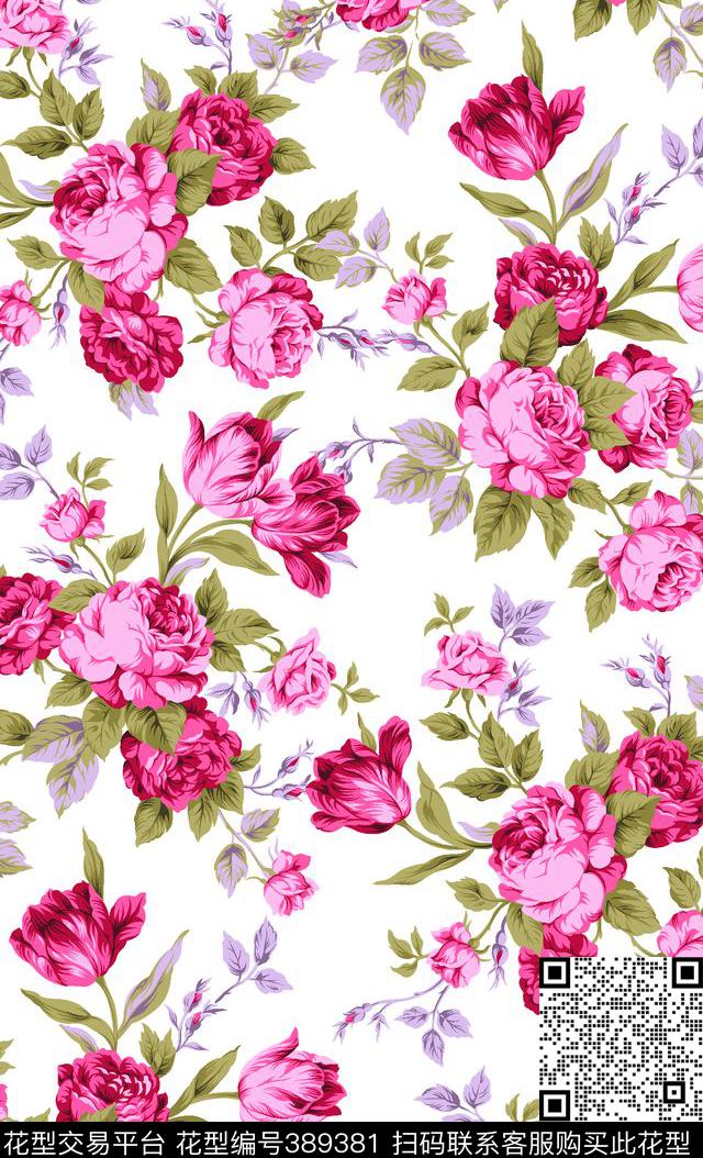16.6*27.4cm\300dpi\tiff玫瑰花田园传统印花华亿平台下载（图片编号: 389381） - 瓦栏（Walan）