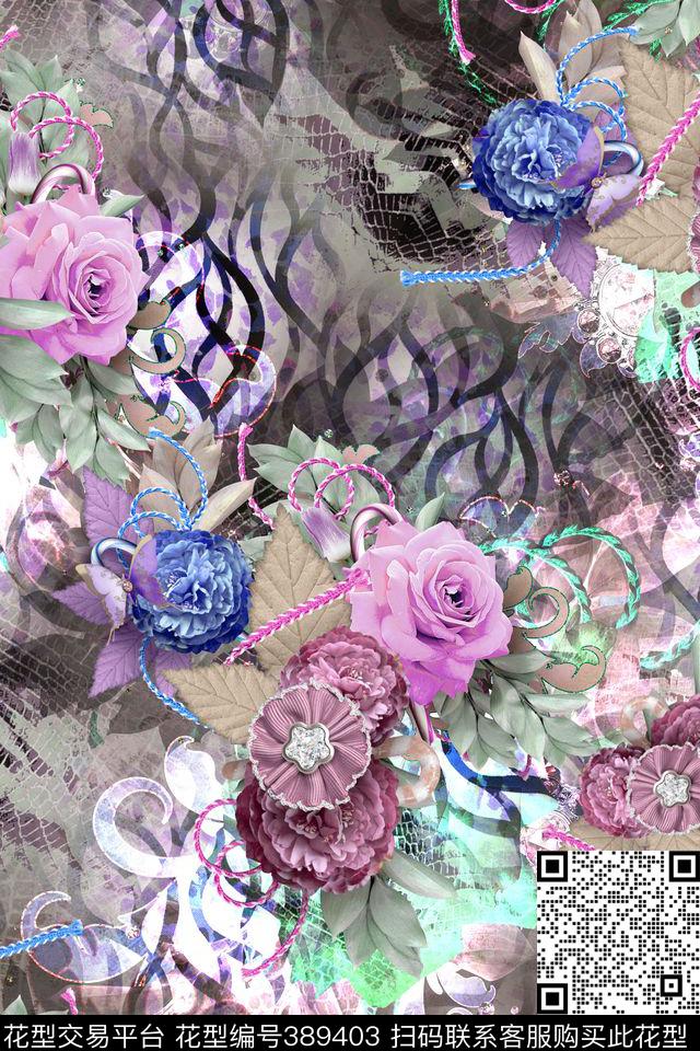 抽象鳄鱼纹丝带绣数码印花华亿平台下载（图片编号: 389403） - 瓦栏（Walan）