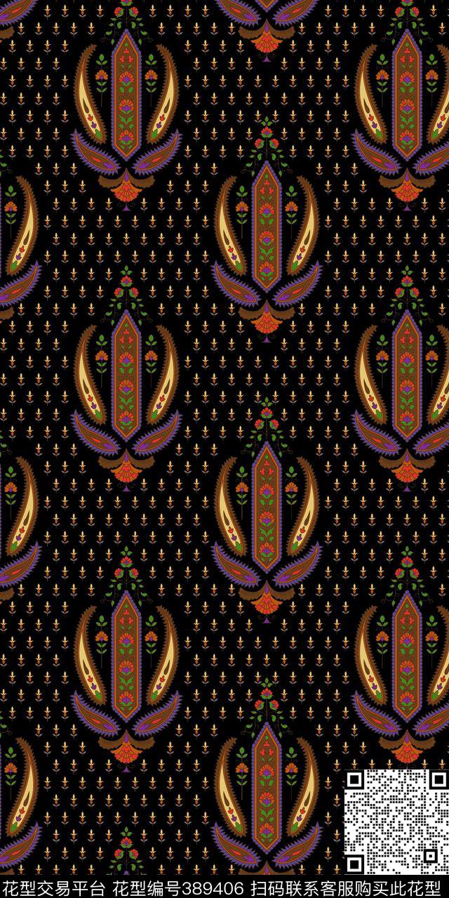 复古花卉几何流行花卉传统印花华亿平台下载（图片编号: 389406） - 瓦栏（Walan）