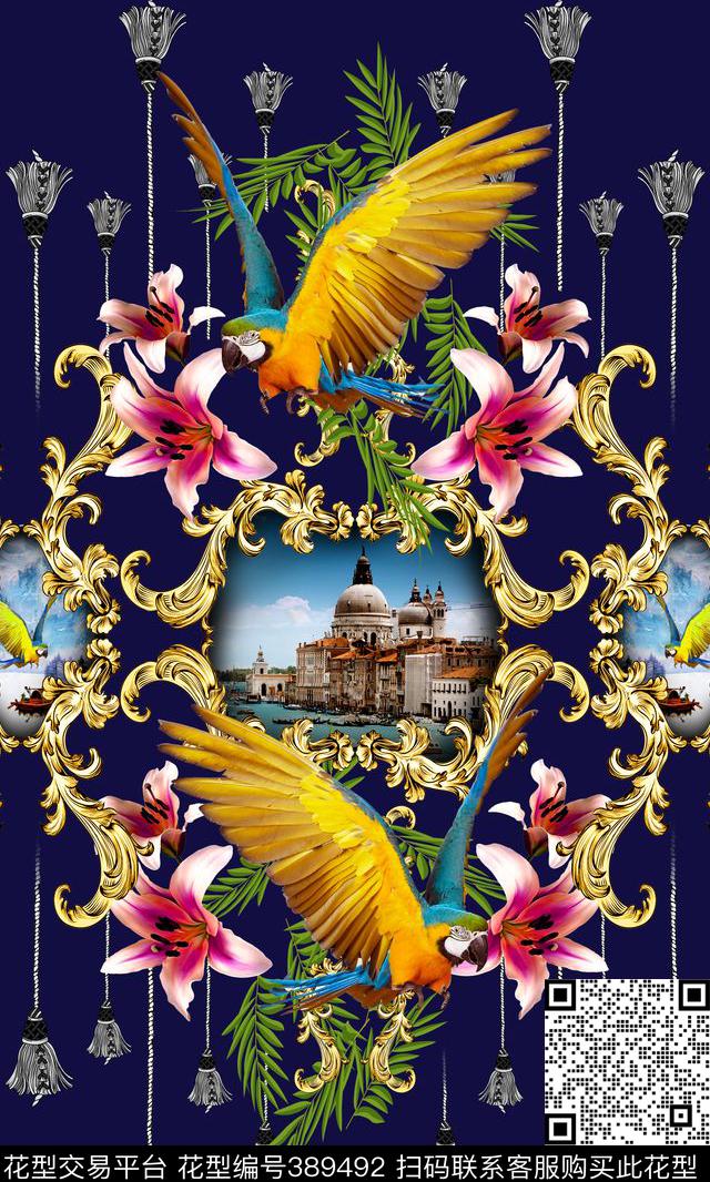 欧式花纹鹦鹉花卉建筑数码印花华亿平台下载（图片编号: 389492） - 瓦栏（Walan）