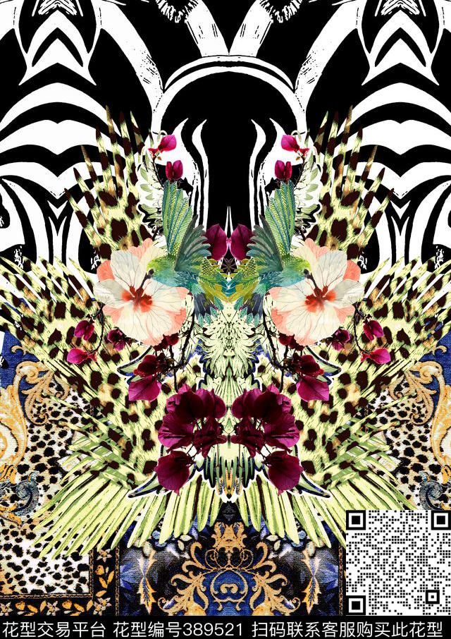 豹纹花卉欧式数码印花华亿平台下载（图片编号: 389521） - 瓦栏（Walan）