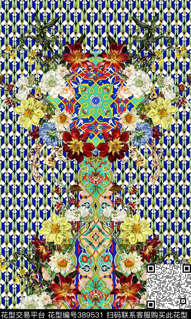 时尚几何格子花卉数码印花华亿平台下载（图片编号: 389531） - 瓦栏（Walan）