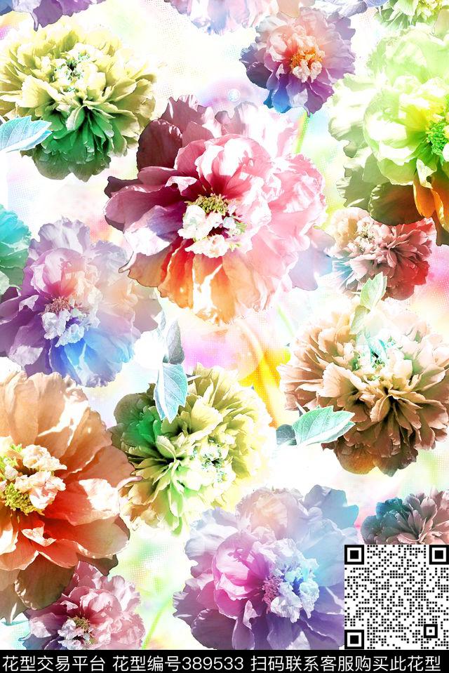 多彩牡丹花花卉数码印花华亿平台下载（图片编号: 389533） - 瓦栏（Walan）