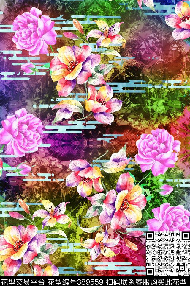 花卉云纹花卉组合数码印花华亿平台下载（图片编号: 389559） - 瓦栏（Walan）