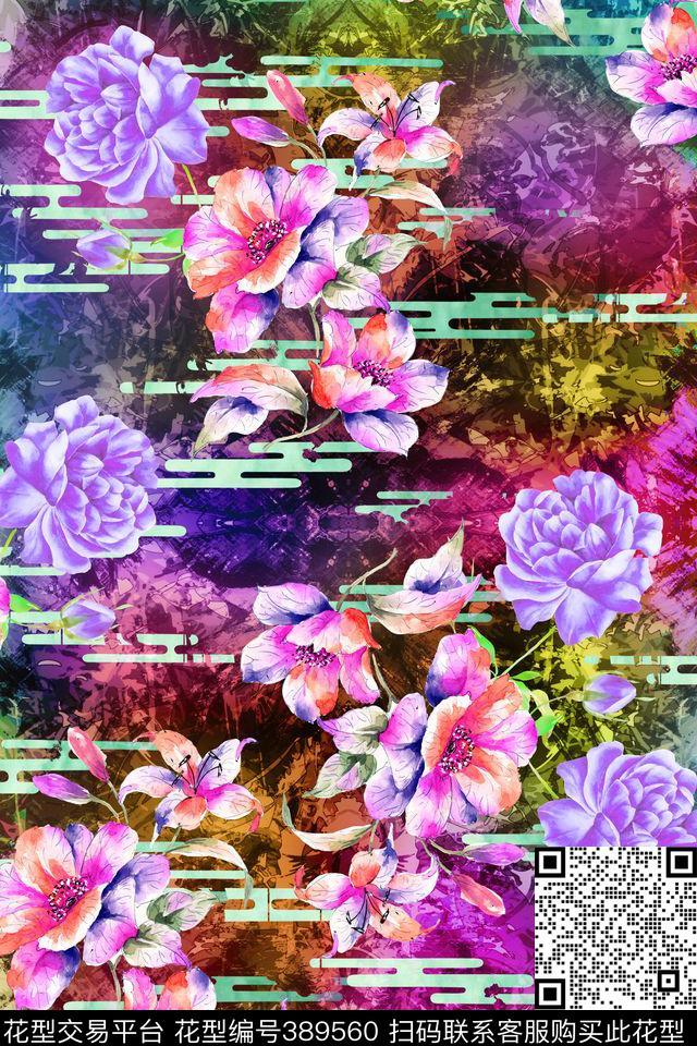 花卉云纹花卉组合数码印花华亿平台下载（图片编号: 389560） - 瓦栏（Walan）