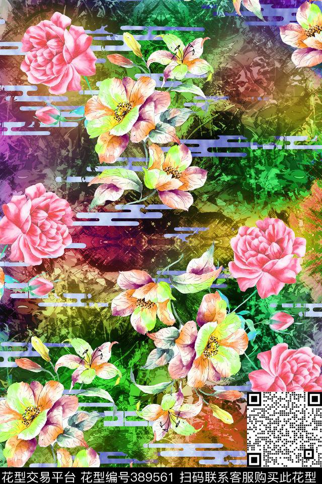 花卉云纹花卉组合数码印花华亿平台下载（图片编号: 389561） - 瓦栏（Walan）