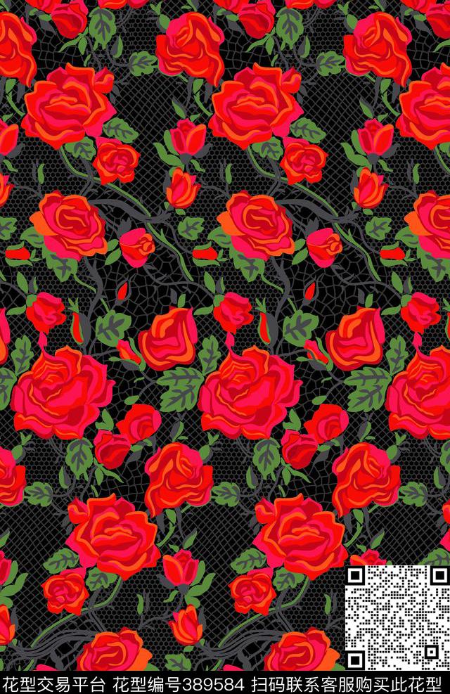 田园风花卉玫瑰花蕾丝花卉传统印花华亿平台下载（图片编号: 389584） - 瓦栏（Walan）