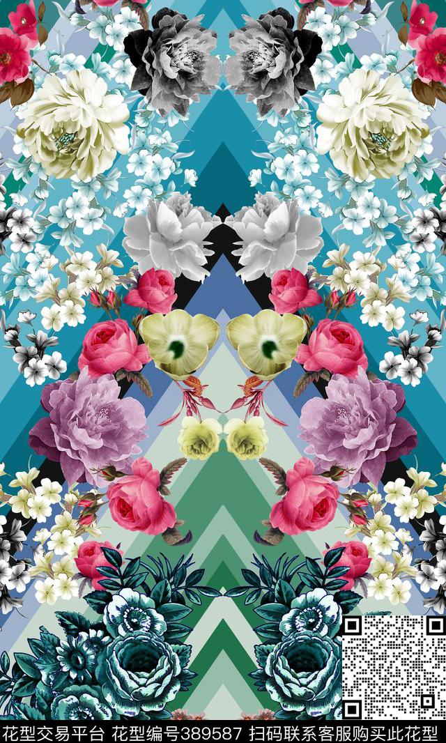 几何条纹时尚流行写实大花数码印花华亿平台下载（图片编号: 389587） - 瓦栏（Walan）