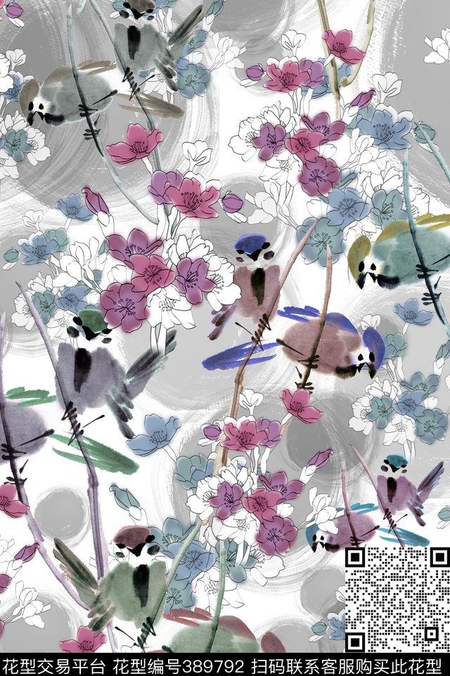 水墨麻雀手绘数码印花华亿平台下载（图片编号: 389792） - 瓦栏（Walan）