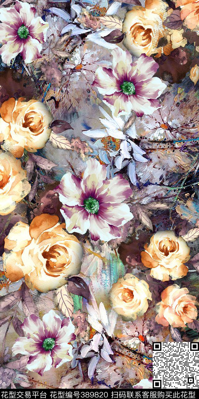 水墨花水墨画艺彩——复古中国风数码印花华亿平台下载（图片编号: 389820） - 瓦栏（Walan）