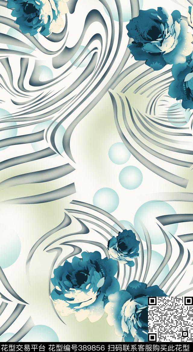 欧美大玫瑰花加几何传统印花华亿平台下载（图片编号: 389856） - 瓦栏（Walan）