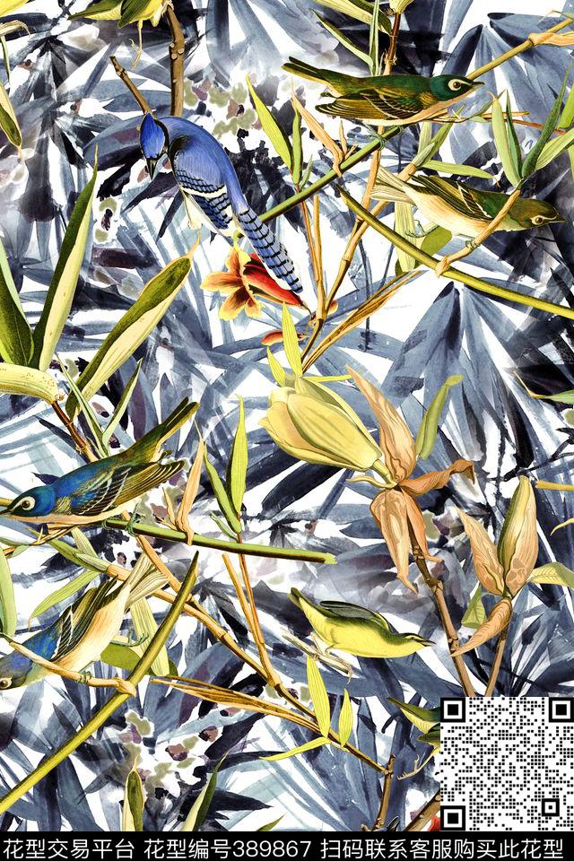 田园风花鸟竹子数码印花华亿平台下载（图片编号: 389867） - 瓦栏（Walan）