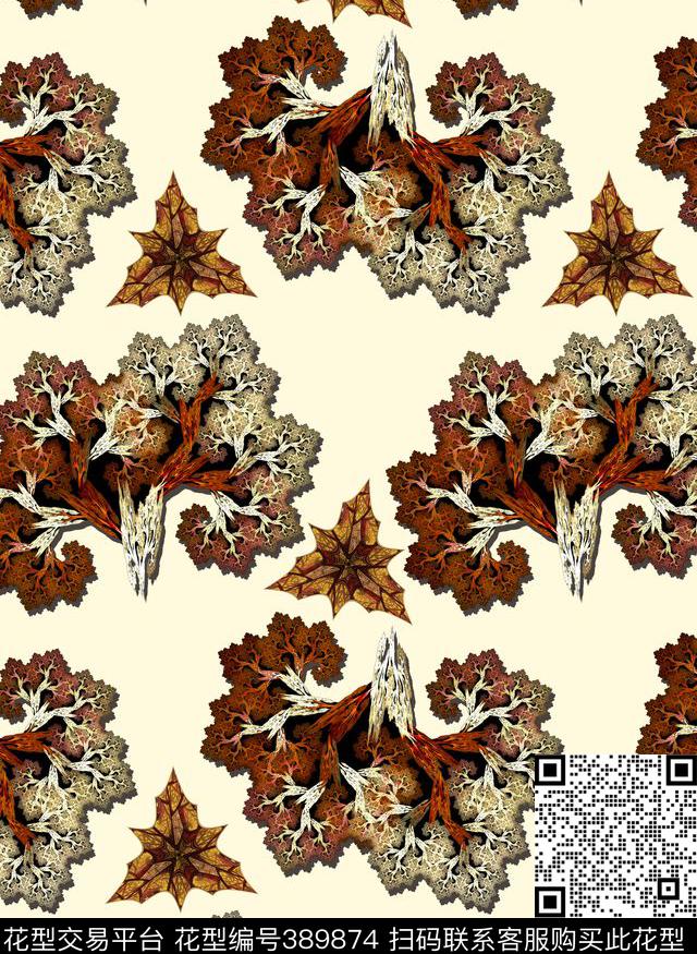 手绘树树叶数码印花华亿平台下载（图片编号: 389874） - 瓦栏（Walan）