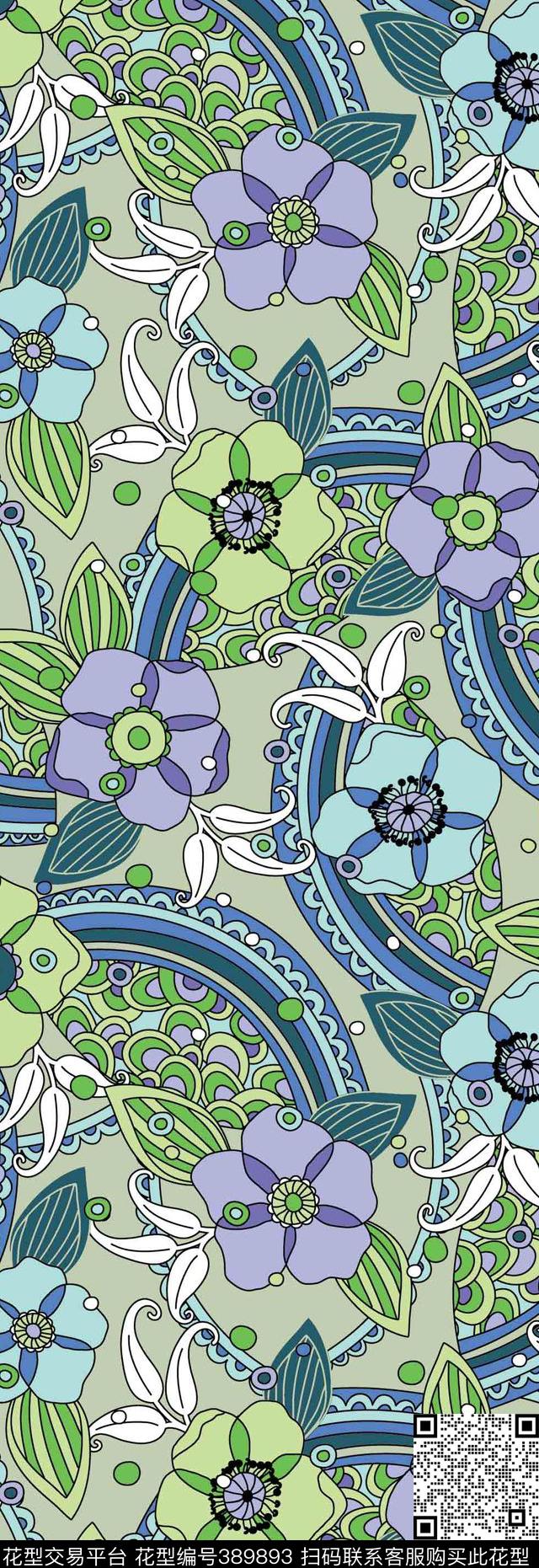 抽象花几何花卉流行花卉传统印花华亿平台下载（图片编号: 389893） - 瓦栏（Walan）