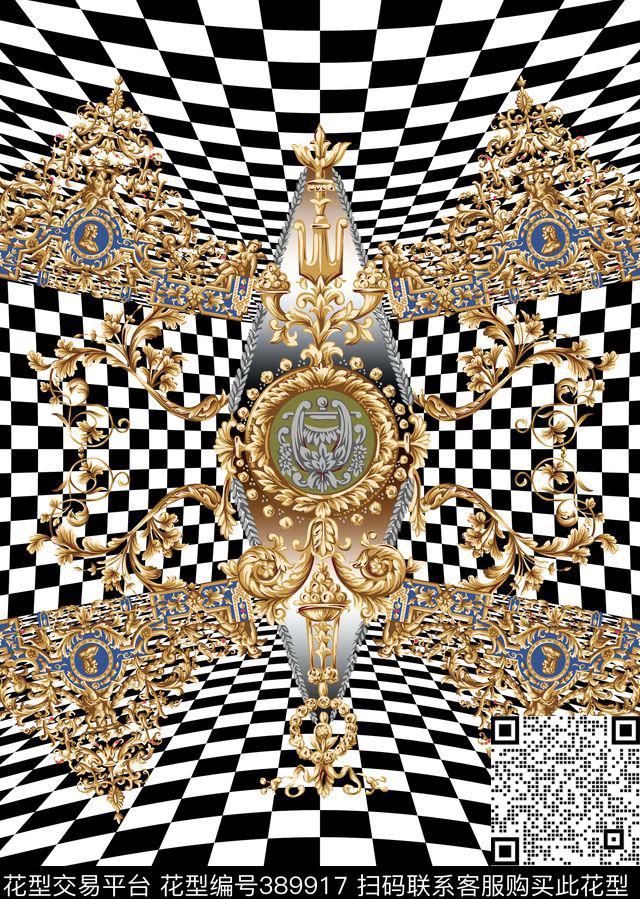 欧式几何图形黑白格数码印花华亿平台下载（图片编号: 389917） - 瓦栏（Walan）