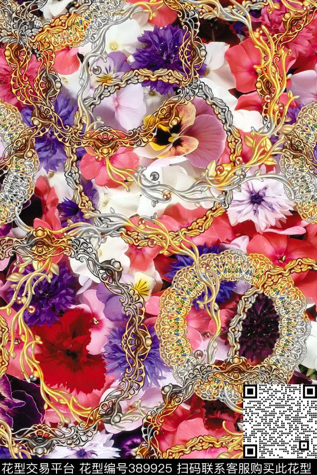 欧式金色花环数码印花华亿平台下载（图片编号: 389925） - 瓦栏（Walan）