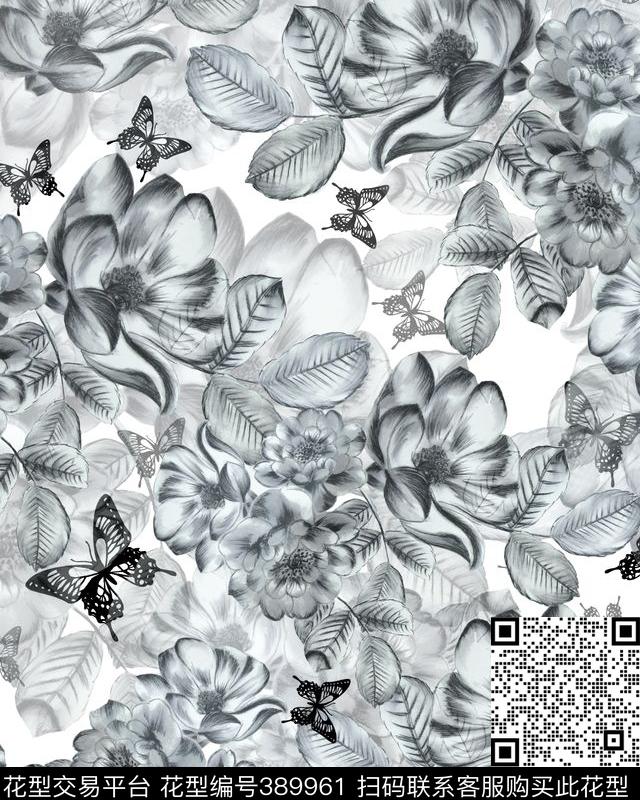 黑白蝴蝶花卉传统印花华亿平台下载（图片编号: 389961） - 瓦栏（Walan）