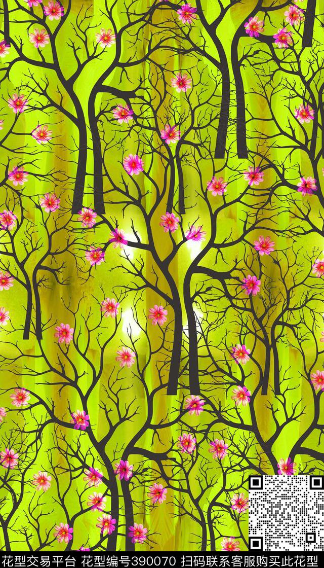 花树干写意数码印花华亿平台下载（图片编号: 390070） - 瓦栏（Walan）