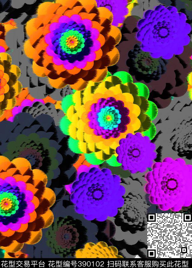 团花黑底民族数码印花华亿平台下载（图片编号: 390102） - 瓦栏（Walan）