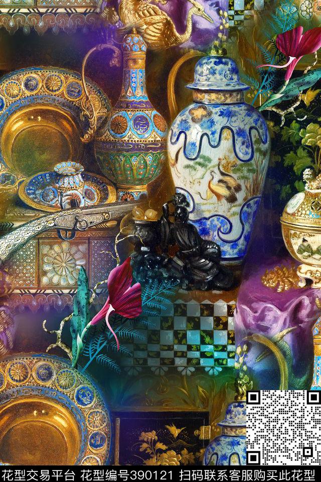 欧式花瓶几何格子数码印花华亿平台下载（图片编号: 390121） - 瓦栏（Walan）
