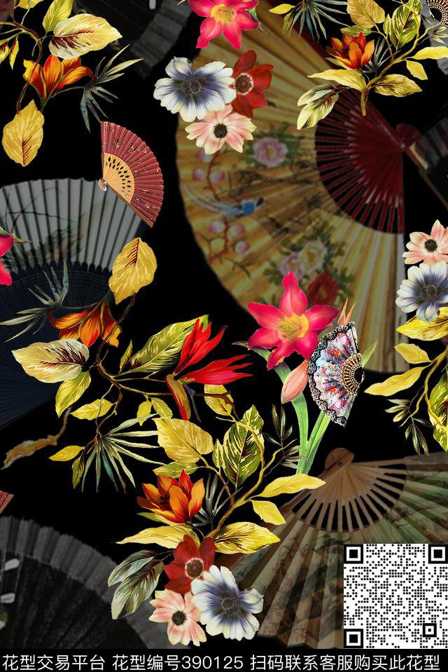 花卉扇子复古数码印花华亿平台下载（图片编号: 390125） - 瓦栏（Walan）