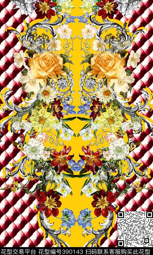 时尚卷草花卉数码印花华亿平台下载（图片编号: 390143） - 瓦栏（Walan）