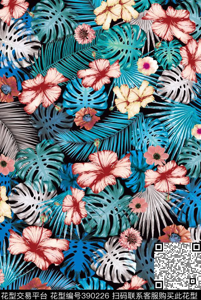 花卉夏威夷花棕榈叶数码印花华亿平台下载（图片编号: 390226） - 瓦栏（Walan）