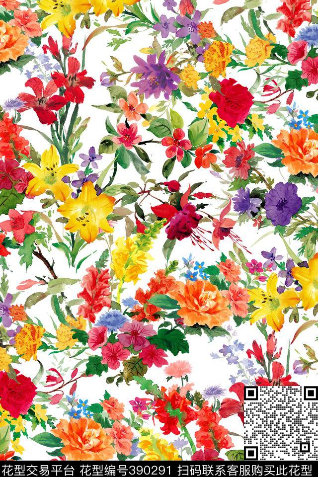 白底雏菊花卉传统印花华亿平台下载（图片编号: 390291） - 瓦栏（Walan）