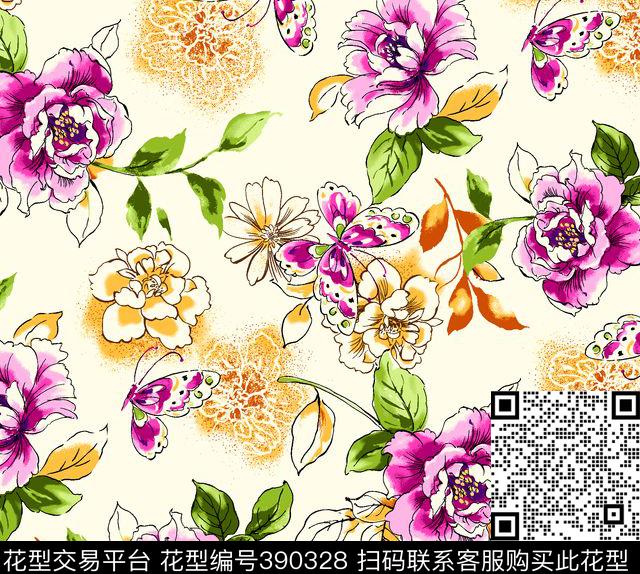 20.3*18.3cm\300dpi\tiff花卉时尚传统印花华亿平台下载（图片编号: 390328） - 瓦栏（Walan）